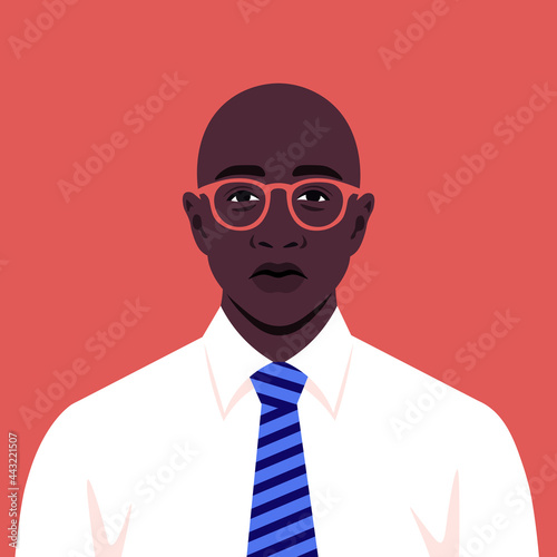 Portrait of an African man with necktie. Avatar of a sadness businessman. A young politician. Vector flat illustration