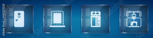 Set Backstage, Makeup mirror with lights, Cinema ticket and Gimbal stabilizer camera. Square glass panels. Vector