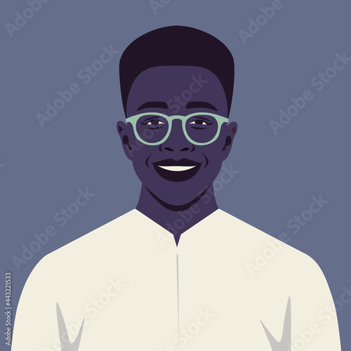The portrait of a happy African guy. An avatar. The fashion businessman. Vector illustration in flat style.