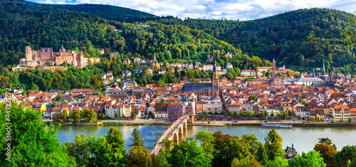 Heidelberg one of the most beautiful cities in Germany over Neckar river. Townscape with Karl Theodor bridge and castle #443221772
