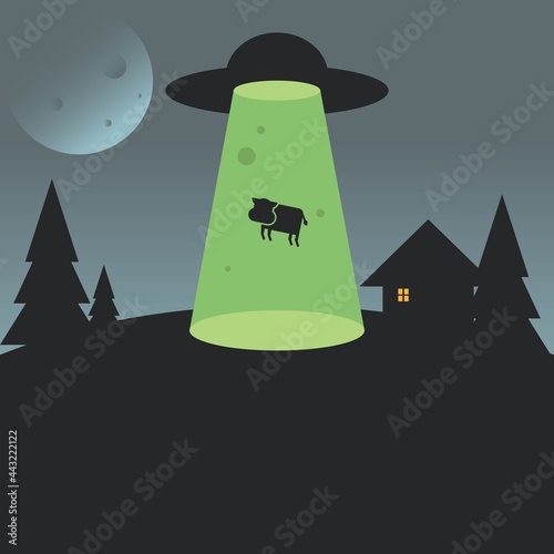 UFO abducting a cow cartoon vector illustration. Flying saucer with cow in transporter beam.
