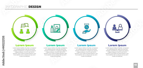 Set Speech bubble chat, Mourning photo frame, Coins on hand - minimal wage and Gender equality. Business infographic template. Vector