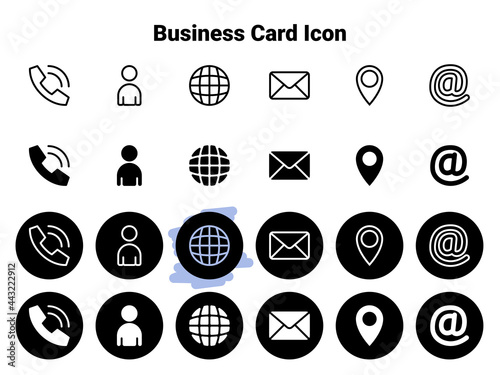 Set of black vector icons, isolated against white background. Flat illustration on a theme business card elements and symbols