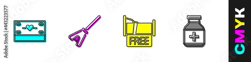 Set Donation and charity, Mop, Free overnight stay house and Medicine bottle pills icon. Vector