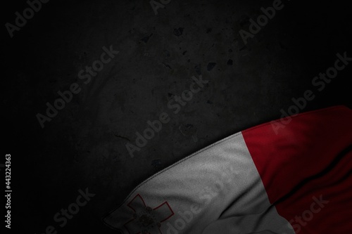 cute national holiday flag 3d illustration. - dark illustration of Malta flag with large folds on black stone with empty space for your text