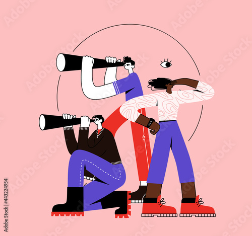 Dream-Team People looking into future choosing direction of development. Concept of searching for opportunities, decisions, new business ideas or staff. Colorful flat vector illustration. Isolated
