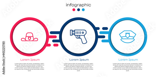 Set line Sheriff hat with badge, Police electric shocker and cap cockade. Business infographic template. Vector