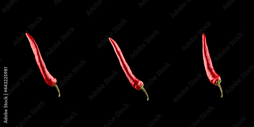 Red jalapeno set. Spicy chile cayenne pepper isolated. Red hot chili paprika collection on black background. Fresh spice vegetable concept. Red jalapeno set. Spicy chile cayenne pepper isolated. Red hot chili paprika collection on black background. Fresh spice vegetable concept.