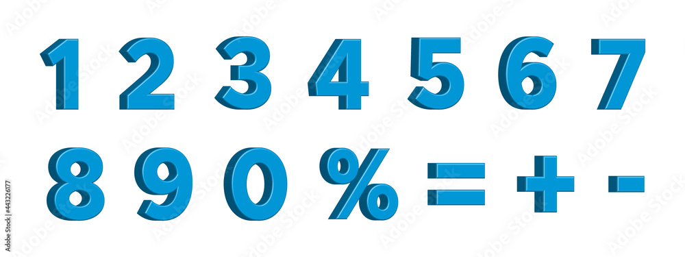Blue 3D Numbers with Signs Percent, Plus, Minus, Equality, Isolated on White Background. Vector Illustration