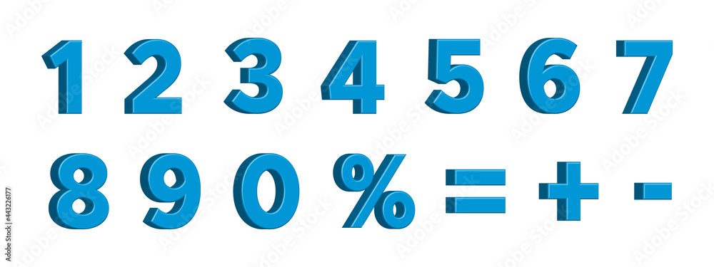 Blue 3D Numbers with Signs Percent, Plus, Minus, Equality, Isolated on White Background. Vector Illustration Blue 3D Numbers with Signs Percent, Plus, Minus, Equality, Isolated on White Background. Vector Illustration