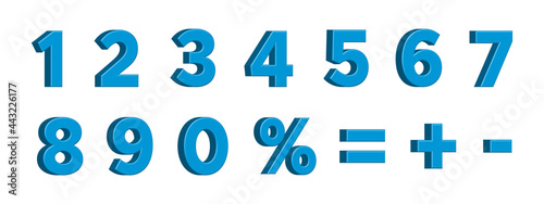 Blue 3D Numbers with Signs Percent, Plus, Minus, Equality, Isolated on White Background. Vector Illustration