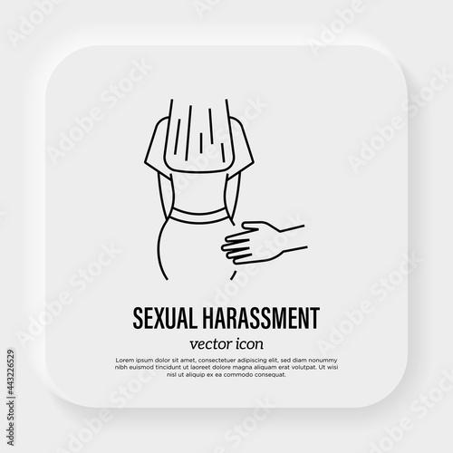 Sexual harassment thin line icon. Man hand touching female buttocks. Abuse, victim of violence. Vector illustration.
