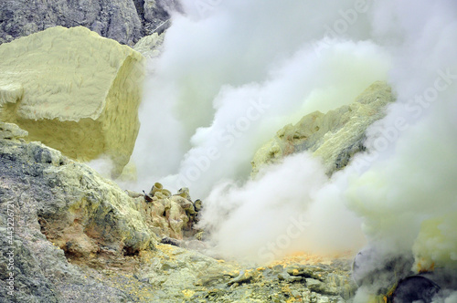 Landscape of mount Ijen in Banyuwangi regency of East Java Indonesia,with full smoke and yellow sulphur photo