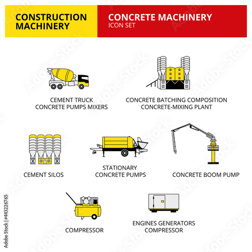 Concrete machinery vehicle and transport car construction machinery icons set vector