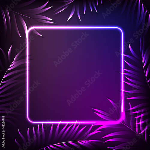 Neon tropical frame with palm leaves