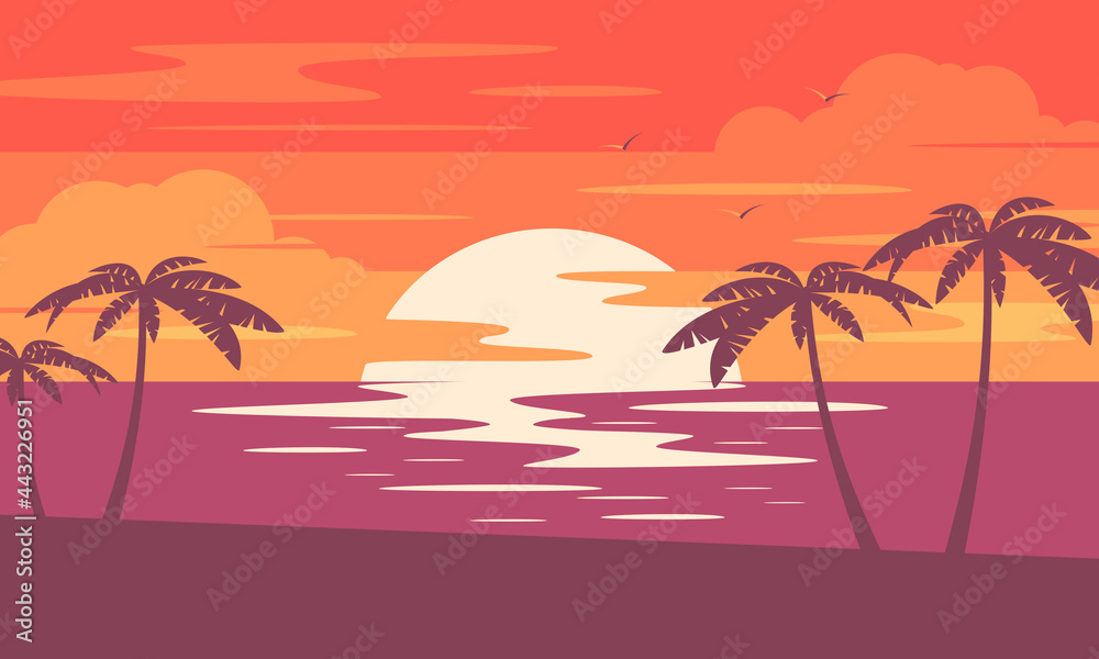Sunset summer tropical beach with palm trees and sea. Nature landscape and seascape. 