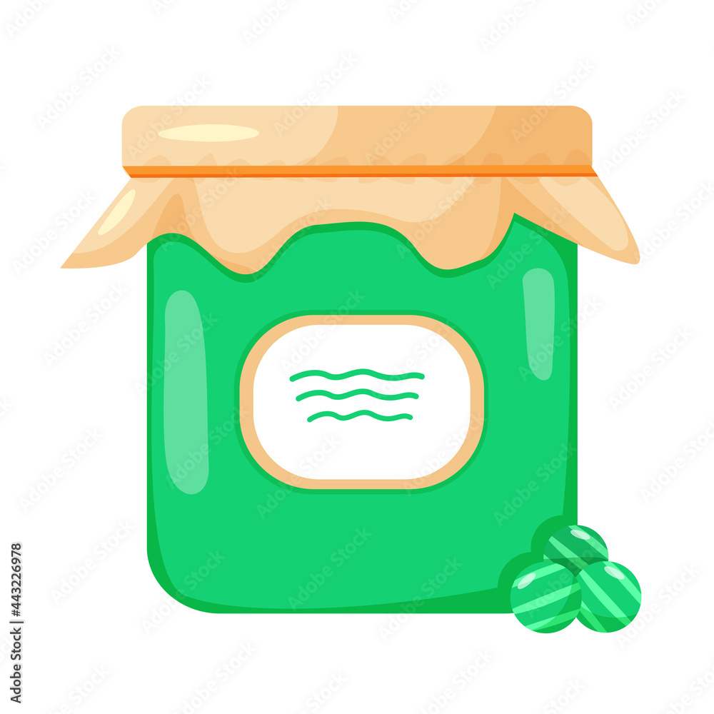 Gooseberry string in flat cartoon style. Jar of berry jelly. Vector illustration