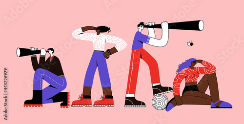Dream-Team People looking into future choosing direction of development. Concept of searching for opportunities, decisions, new business ideas or staff. Colorful flat vector illustration. Isolated