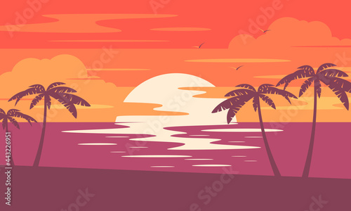 Sunset summer tropical beach with palm trees and sea. Nature landscape and seascape.  © sanchesnet1