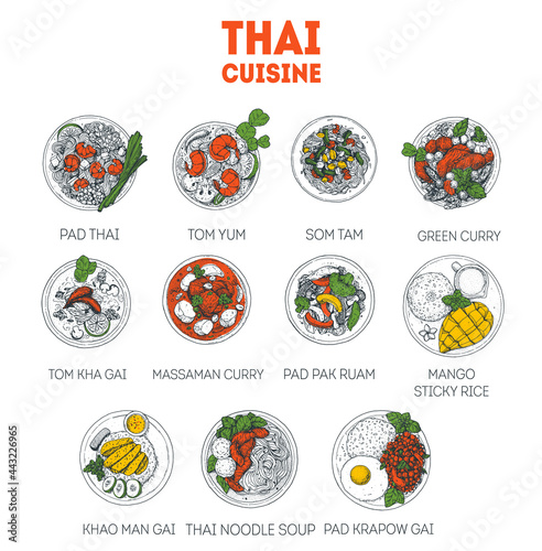 Thai food sketch. Set of thai dishes with pad thai, tom yum, som tam, green curry, sticky rice. Food menu design tempalte. Thai cuisine. Vintage hand drawn sketch vector illustration. Engraved image.