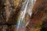 Closeup shot of rainbow formed in front of Jogini waterfall at Manali in Himachal Pradesh, India