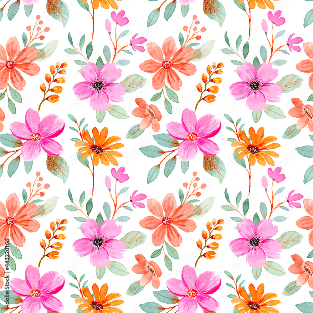 Pink orange floral watercolor seamless pattern