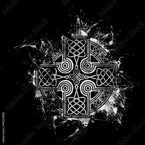 isolated Celtic cross from national Scandinavian ornament. Symbol of Druids, Ireland and Scotland. Brutal watercolor black and white monochrome dirty traced background. Tattoo and printing on t-shirts