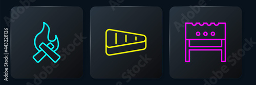 Set line Campfire, BBQ brazier and Steak meat. Black square button. Vector