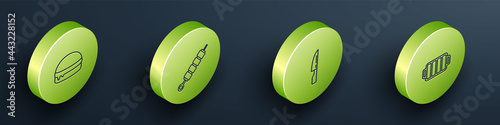 Set Isometric line Burger, Grilled shish kebab, Barbecue knife and grill icon. Vector