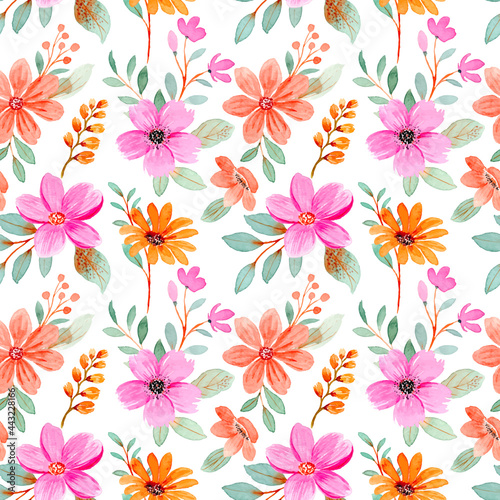 Pink orange floral watercolor seamless pattern