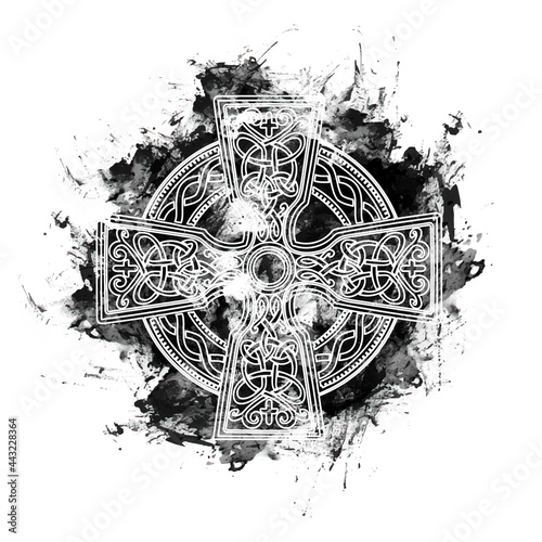 isolated Celtic cross from national Scandinavian ornament. Symbol of Druids, Ireland and Scotland. Brutal watercolor black and white monochrome dirty traced background. Tattoo and printing on t-shirts