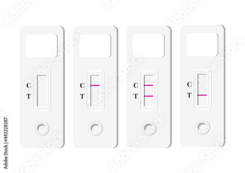Express flu, covid, hcv, hiv antigen tests result set. Rapid test showed a positive, negative and invalid result. Test for home detecting disease isolated on white background. Flat vector illustration