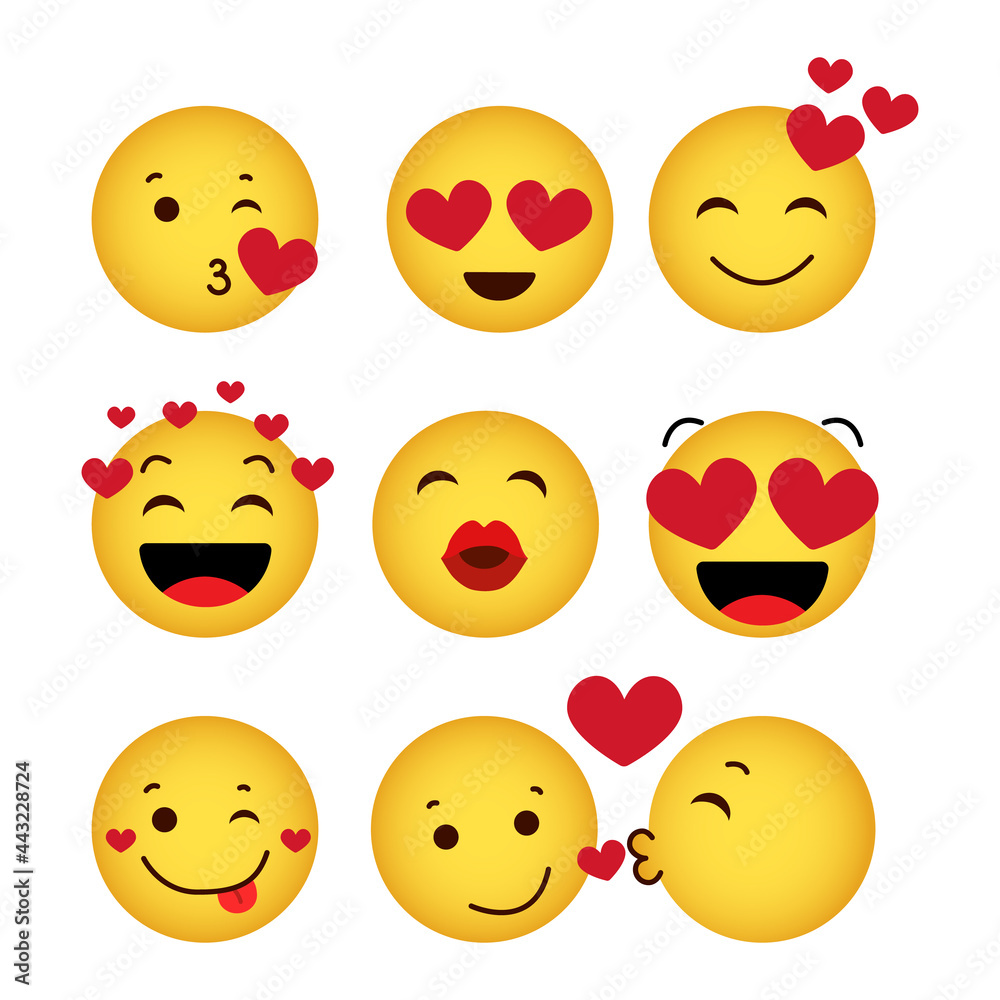 Fototapeta premium A set of yellow loving funny emoticons, humorous emoticons with hearts, sweet cartoon emoticons on a white background