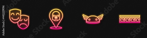 Set line Helmet with wings, Comedy and tragedy masks, Greek helmet and Ancient pattern. Glowing neon icon. Vector
