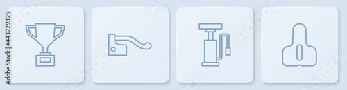Set line Award cup with bicycle, Bicycle air pump, brake and seat. White square button. Vector