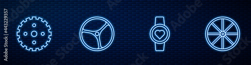 Set line Smart watch, Bicycle sprocket crank, wheel and . Glowing neon icon on brick wall. Vector
