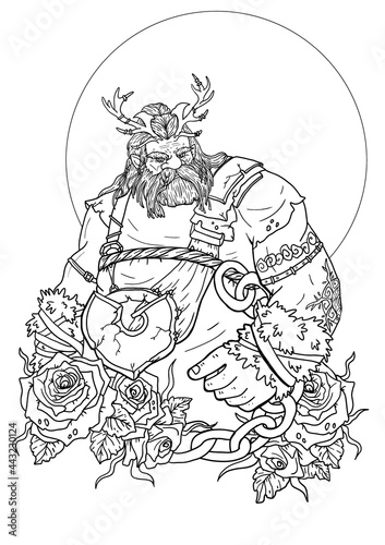 Serious powerful dwarf warrior with horns and chains  strong man with large hands and tattoos  northern viking in light armor and fur  with a mustache and beard  on the background big moon and roses.