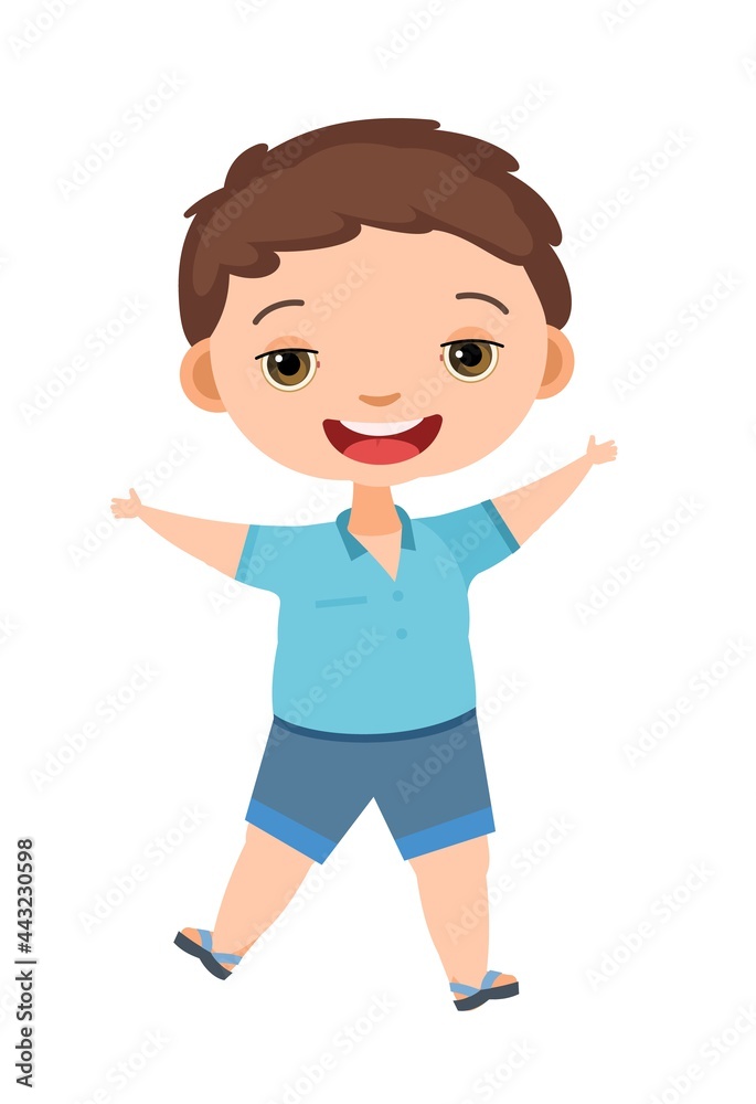 Child funny. Little boy. In blue clothes. Kid jumps for joy. Charming active cute character. Cute kid. Face wobble smile. Cartoon style. Isolated on white background. Vector
