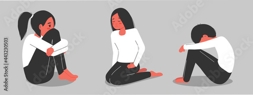 Psychology. Set of men and women in depression and despair. A woman and a man are experiencing mental disorders and diseases. Psychiatry concept. Vector illustration.