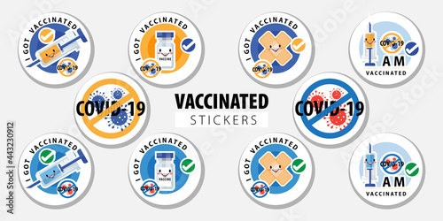 Vaccinated sticker or Vaccination round badges with quote - I got Covid-19 vaccinated, i am covid-19 vaccinated. Coronavirus vaccine stickers with medical plaster, syringe and treatment symbol Vector 