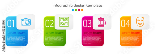 Set line Photo camera, Storyboard, Camera roll cartridge and Comedy theatrical mask. Business infographic template. Vector
