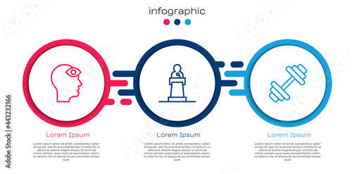 Set line Man with third eye, Speaker and Dumbbell. Business infographic template. Vector