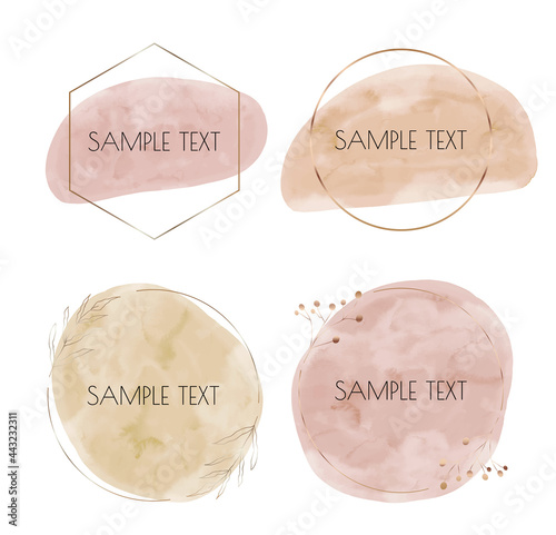 Soft pastels pink and nude brush stroke watercolor splashes with gold polygonal frames.
