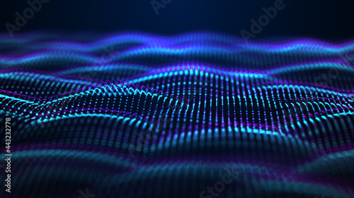 Abstract wave with moving dots. Flow of particles. Cyber technology illustration. 3d rendering