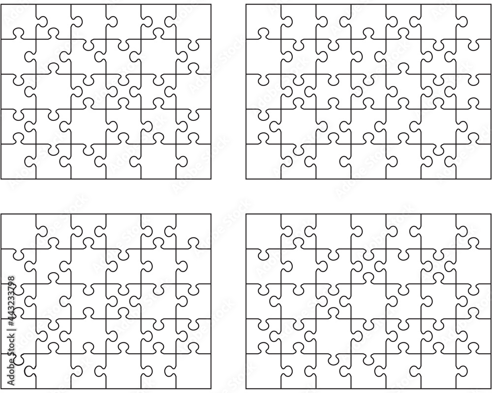 Separate pieces of four white jigsaw puzzles Separate pieces of four white jigsaw puzzles