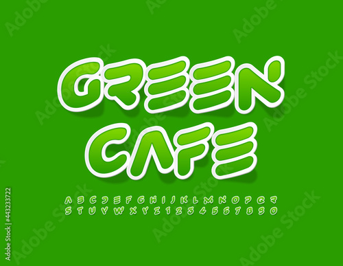 Vector trendy logo Green Cafe. Creative modern Font. Sticker style Alphabet Letters and Numbers set
