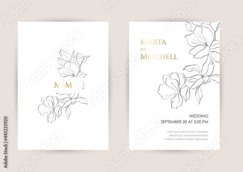 Minimalist wedding invitation card template design, golden line art drawing. Good for poster, card, invitation, flyer, cover, banner, placard, brochure and other graphic design.