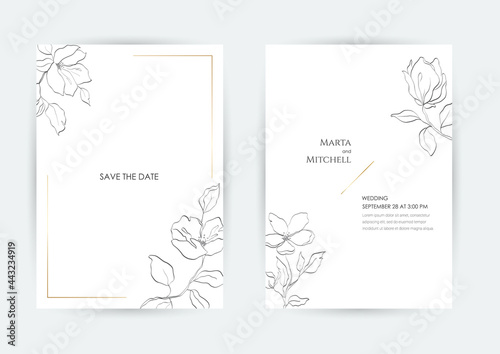 Minimalist wedding invitation card template design, golden line art drawing. Good for poster, card, invitation, flyer, cover, banner, placard, brochure and other graphic design.