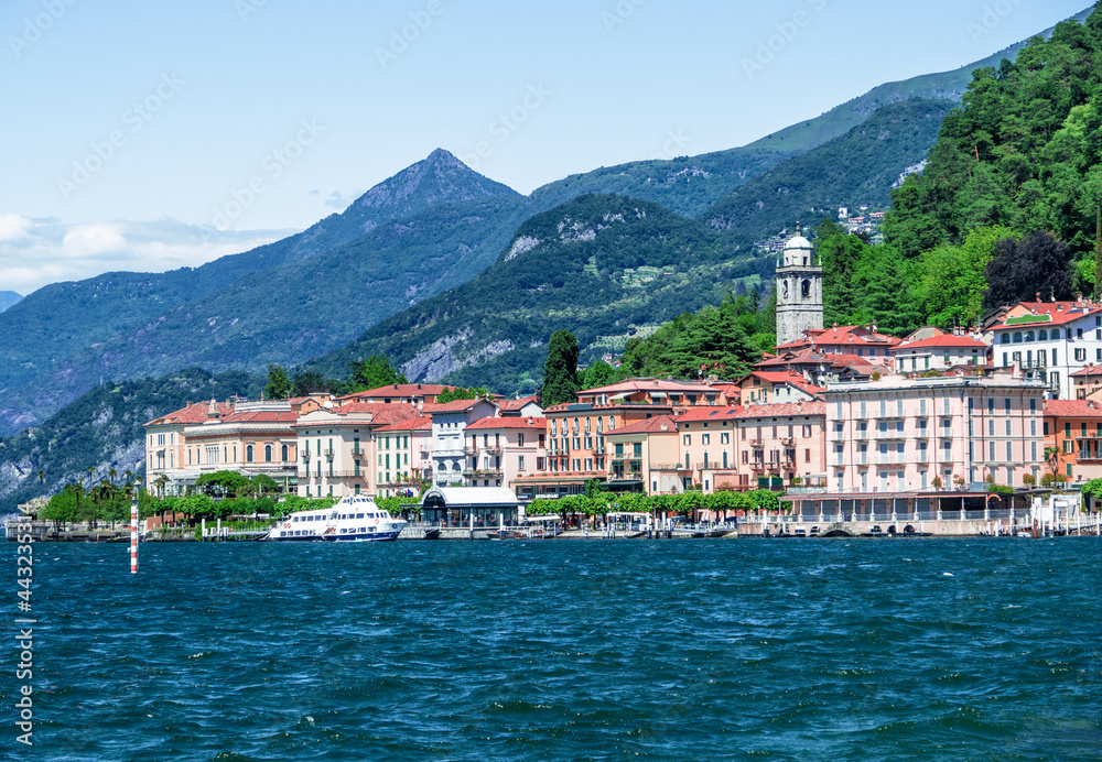 Charming tourist village seen from the boat before docking.Bellagio, Como lake, italian lakes, Italy.