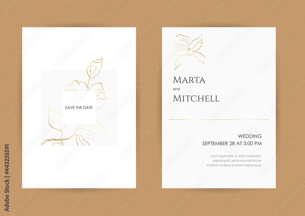 Minimalist wedding invitation card template design, golden line art drawing. Good for poster, card, invitation, flyer, cover, banner, placard, brochure and other graphic design.